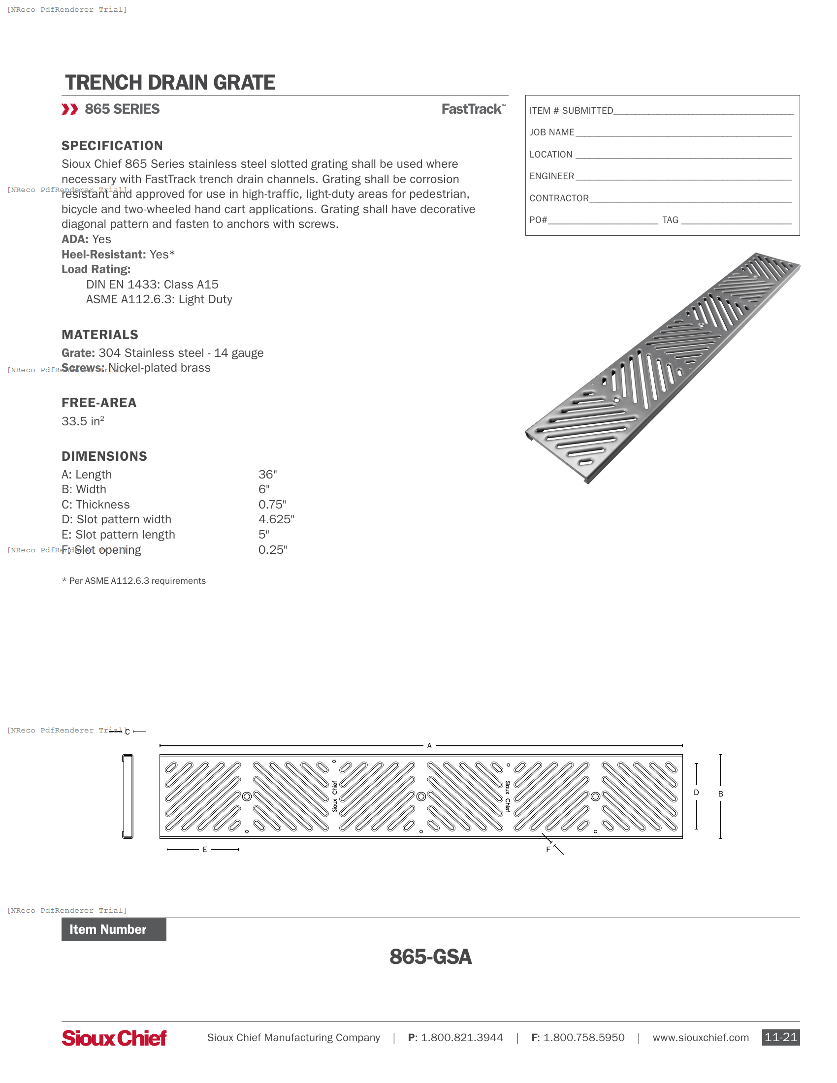 865-GSA - FASTTRACK STAINLESS SLOTTED GRATE - SPEC SHEET.PDF Specification Document